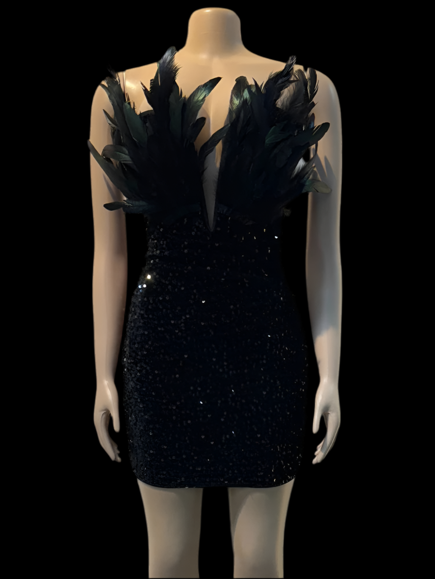 Luxury Birthday Feathers Sequin Strapless Deep V-neck Black Bodycon Dresses