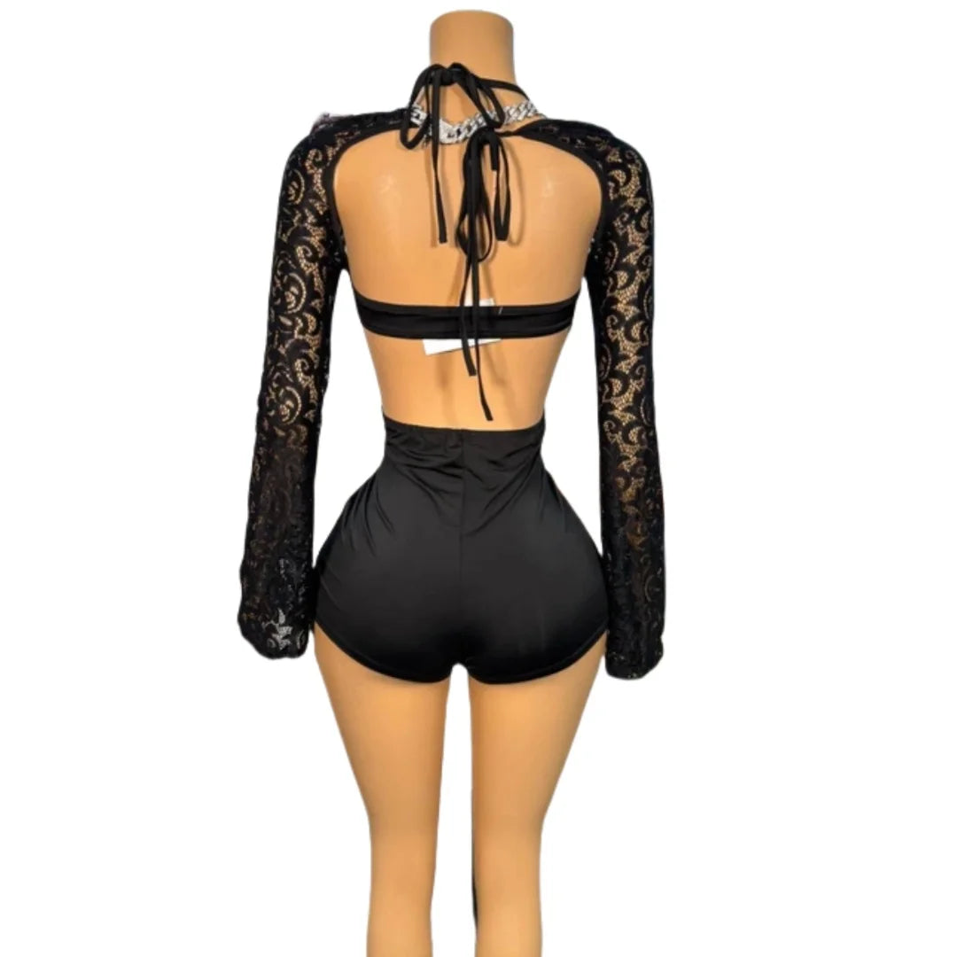 Black Lace See Through Backless Lace-Up Jumpsuits