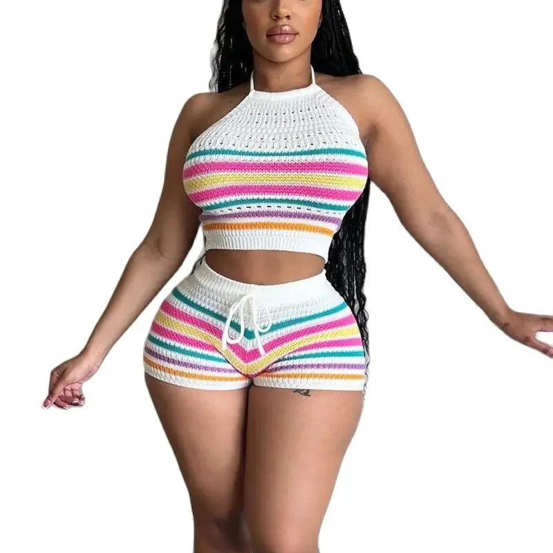 Two Piece Sets Neck Lace-up Sleeveless Backless Tops Casual Knitted Rainbow Stripes