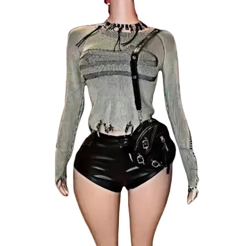 Two Piece Sets  Long Sleeve Top + Leather Shorts Outfits