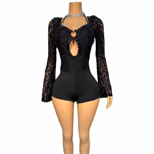 Black Lace See Through Backless Lace-Up Jumpsuits