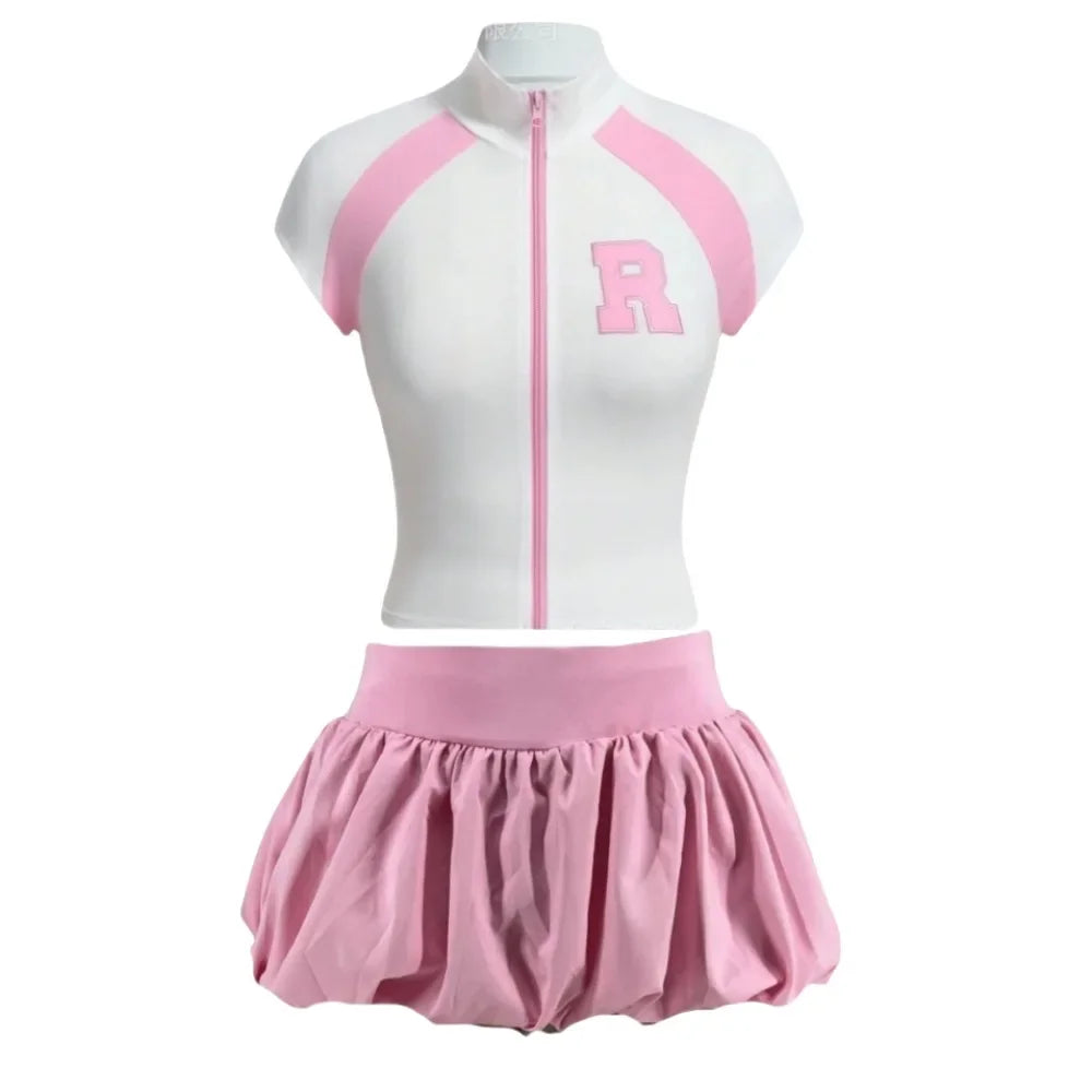 Two Piece Sets For Women Zipper Short Sleeve Slim Top And Puffy Mini Skirts