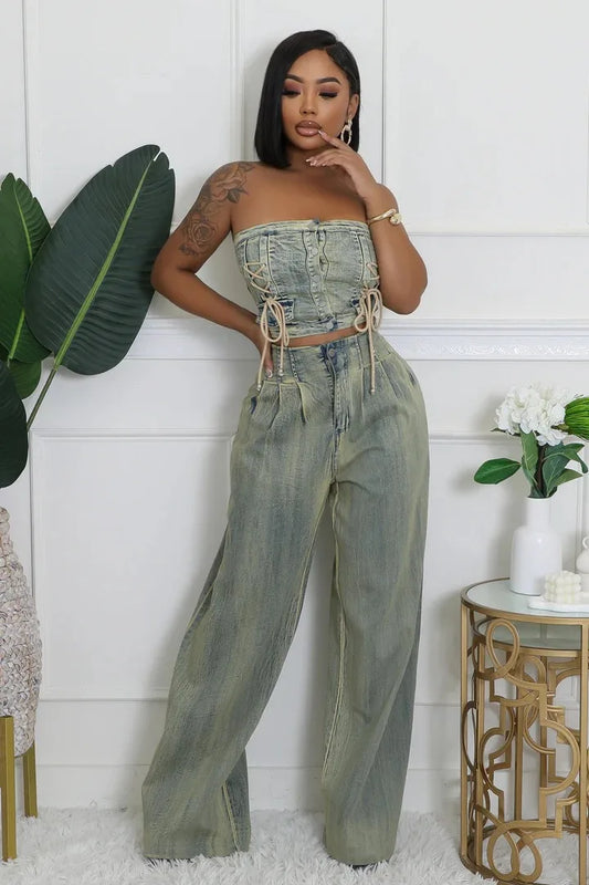 Two Piece Set women's  Strapless Top +Loose Jeans Pants