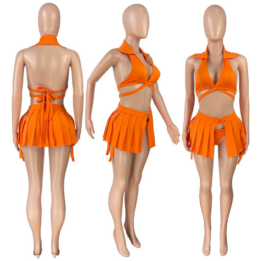 3 Piece Swimwear Pleat Skirt Bandage Bikini