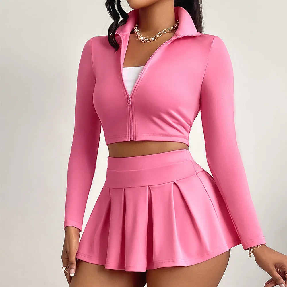 Pink  Set Long Sleeves Zip Short Jacket Top + Pleated Mini Skirt Fitness Yoga