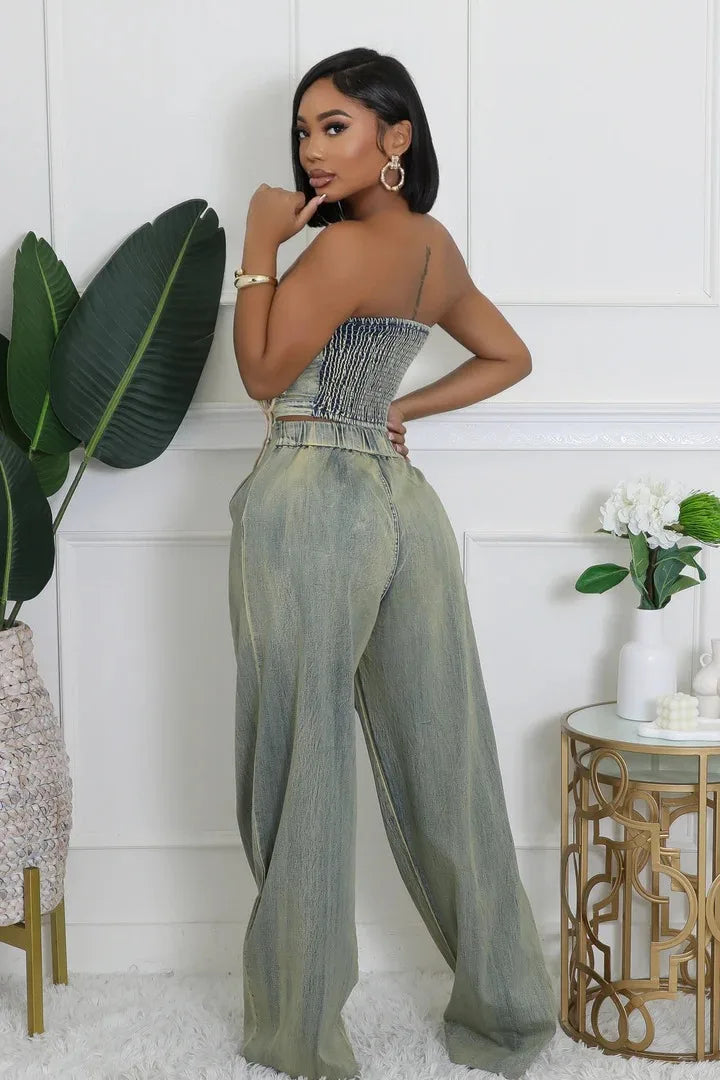 Two Piece Set women's  Strapless Top +Loose Jeans Pants