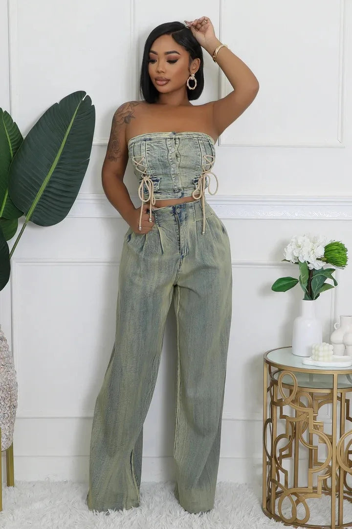 Two Piece Set women's  Strapless Top +Loose Jeans Pants