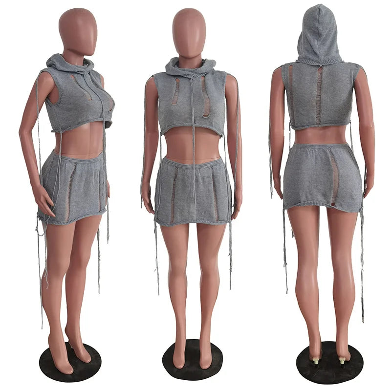 Two Piece sets Hole Hooded Crop Top and Mini Skirts