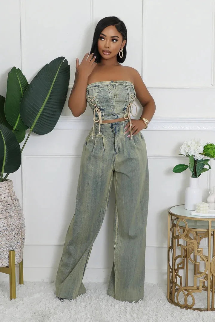 Two Piece Set women's  Strapless Top +Loose Jeans Pants