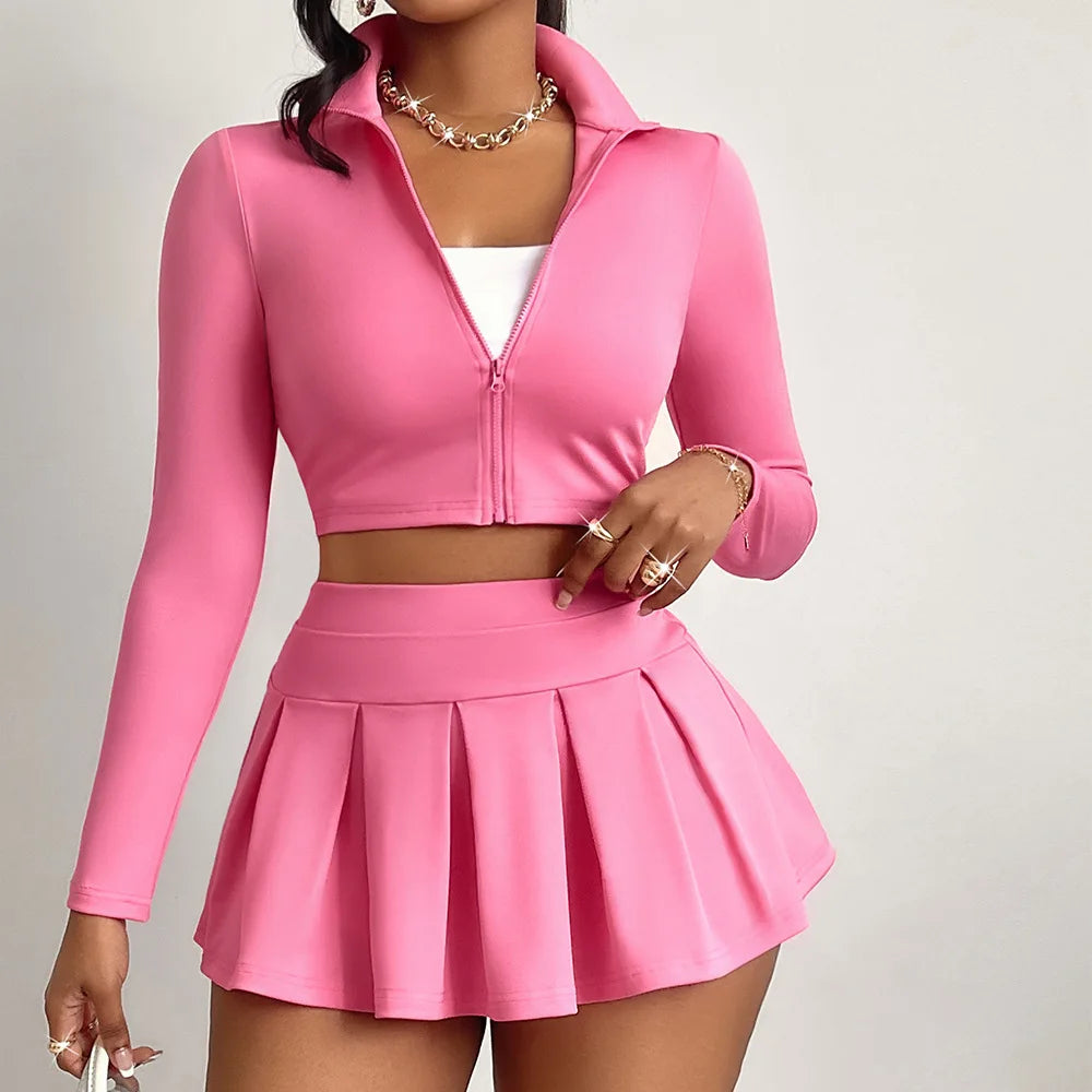 Pink  Set Long Sleeves Zip Short Jacket Top + Pleated Mini Skirt Fitness Yoga