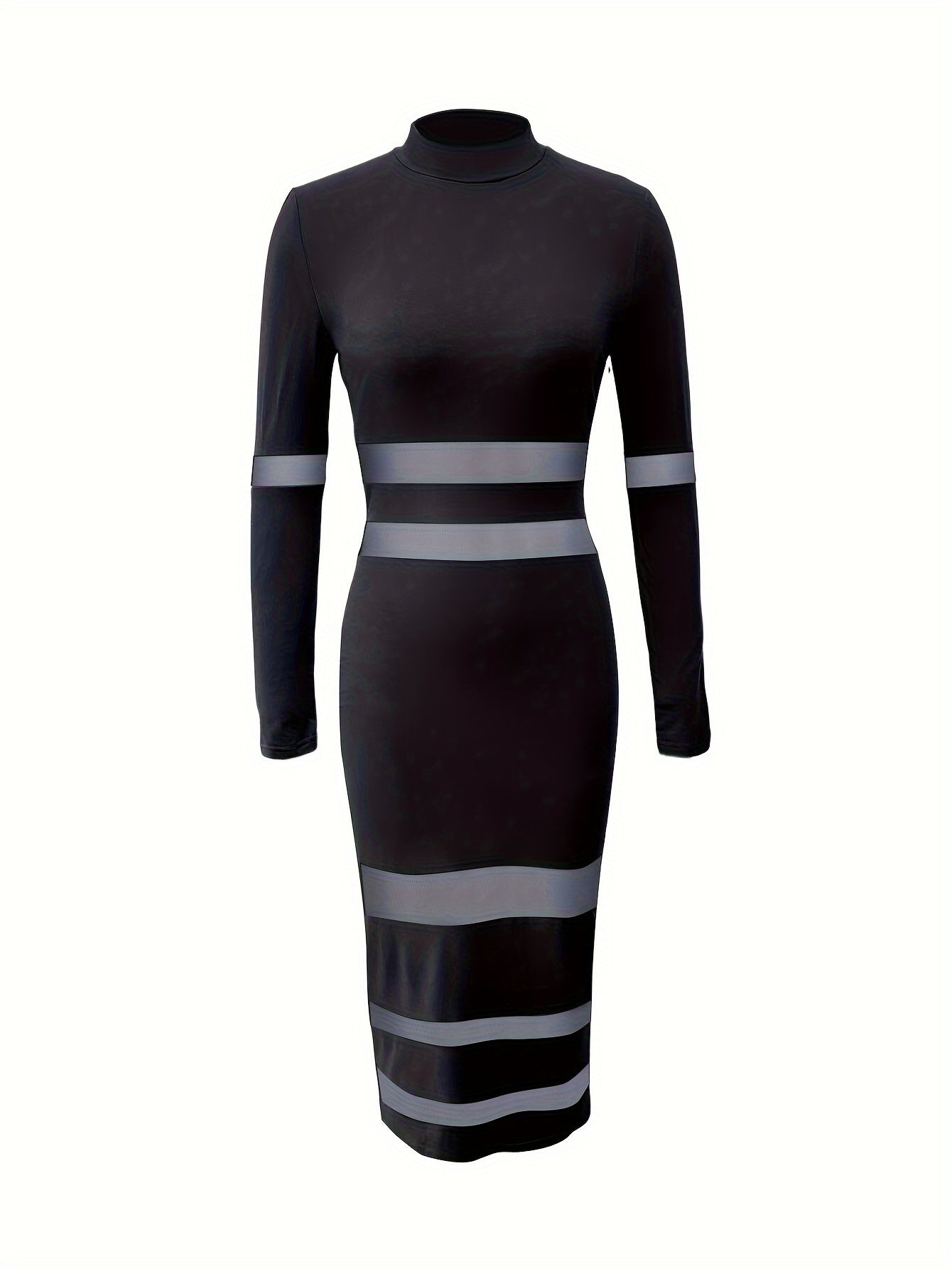 Long Sleeve Crew Neck Slim Fit Mesh Panel Dress